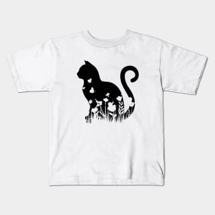 Flower Cat Silhouette Cute Kitty Cat Lover Kids T-Shirt